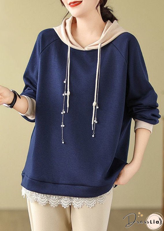 Italian Navy Blue Drawstring Lace Patchwork Fleece Hoodie Sweatshirts Long Sleeve