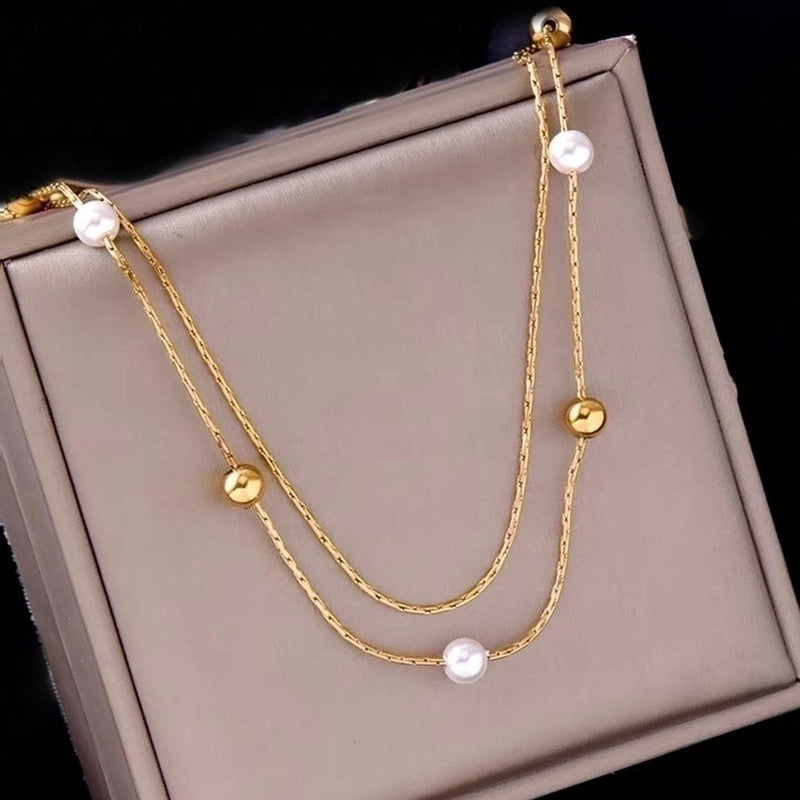 Stainless Steel 18K Gold Plated Minimalist Gold Plated Geometric Pearl Layered Necklaces