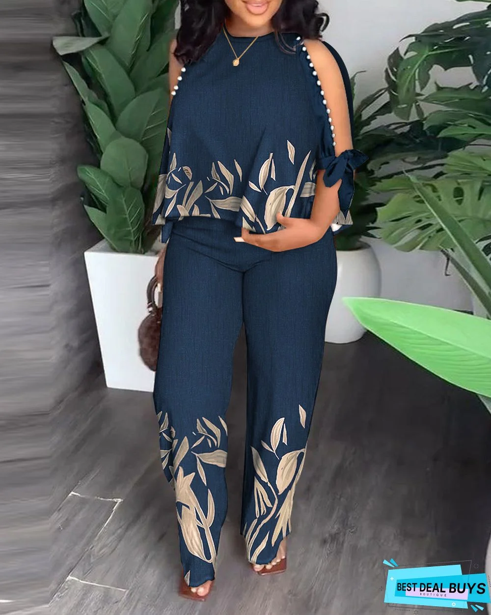 Women Summer Beaded Print Top and Pant Two-Piece Set