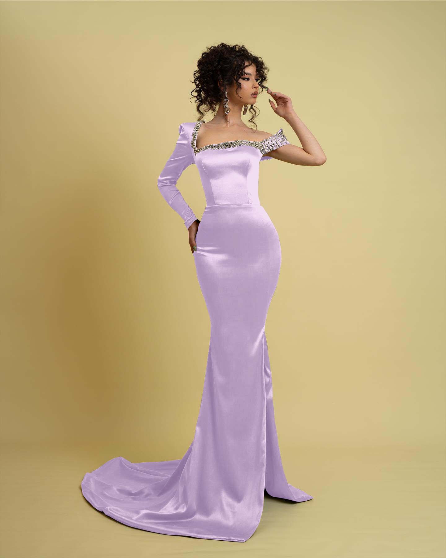 Oknass Mustard Green Elegant One Long Sleeve Beading Mermaid Split Prom Dress