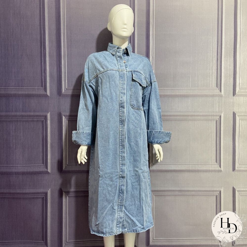 Spring-Autumn Womens Vintage Blue Long Denim Jackets Solid Pocket Jeans Coat Female