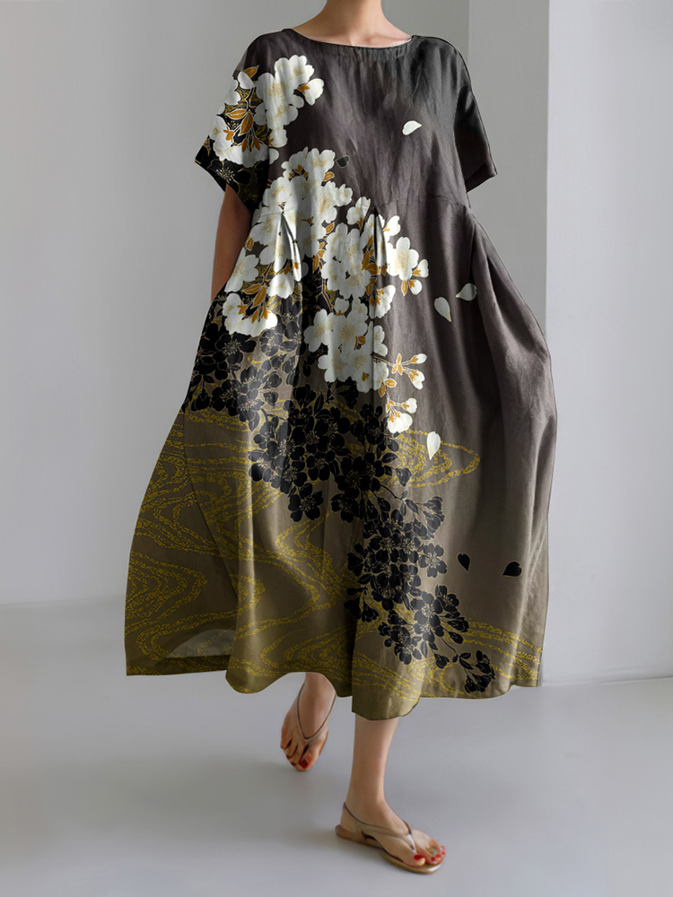 Comstylish Japanese Art Flower Print Loose Short Sleeved Midi Dress