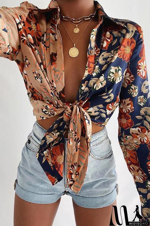MidiSono - Floral long sleeve women's Lapel button shirt