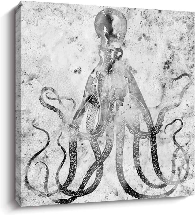 Kercan Bathroom Wall Decor Ocean Beach Theme Canvas Prints Blue Ocean Animal Wall Art for Living Room Bedroom Decoration (12 X 12 Inch, grey octopus-B) 12 X 12 Inch