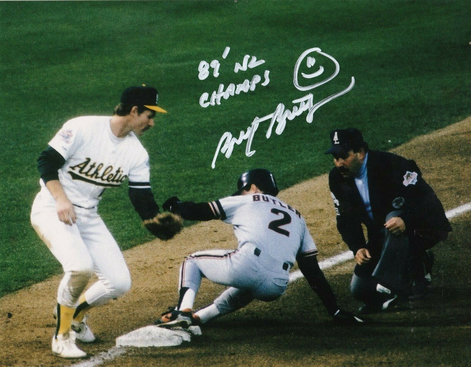 BRETT BUTLER SAN FRANCISCO GIANTS 89 NL CHAMPS ACTION SIGNED 8x10