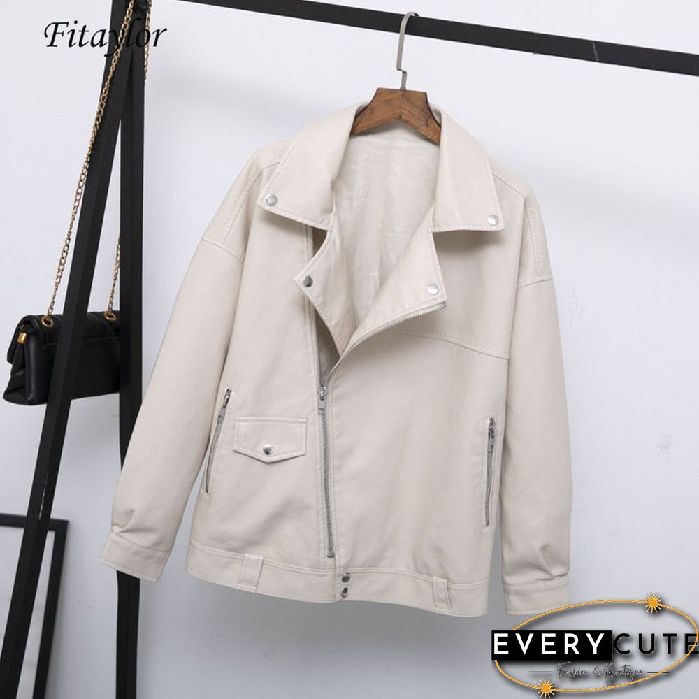 Fitaylor Autumn Women Faux Leather Jacket Casual Loose Soft Pu Motorcycle Punk Leather Coat Female Zipper Rivet Outerwear