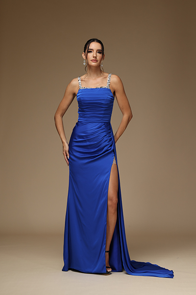 Ovlias Royal Blue Spaghetti Straps Prom Dress Sleeveless Split With Beads