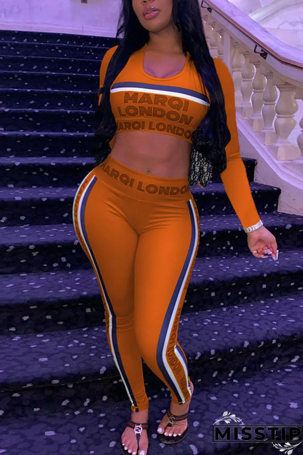 Orange Work Daily Solid V Neck Long Sleeve Two Pieces