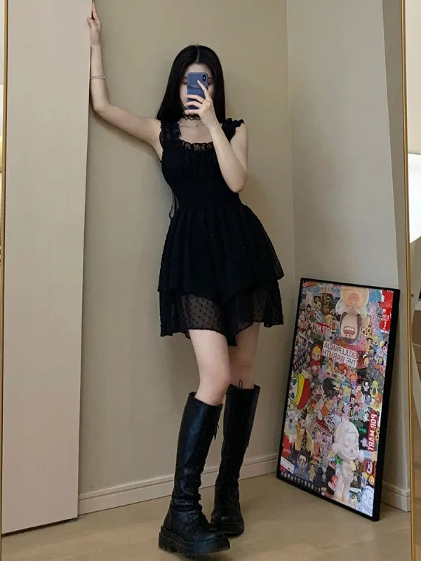 Gothic Dark Sleeveless Tiered Solid Pattern Square Neck Dots Ruffled Mini Dress