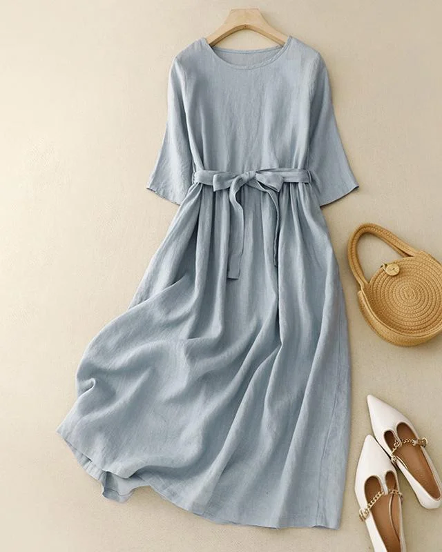 Round Neck Mid-sleeve Belted Cotton and Linen Dress
