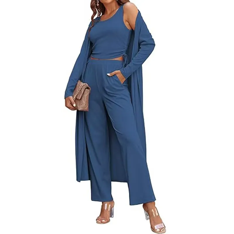 Women's 3 Piece Loungewear Set, Crop Cami Top + Wide Leg Pants + Long Cardigan