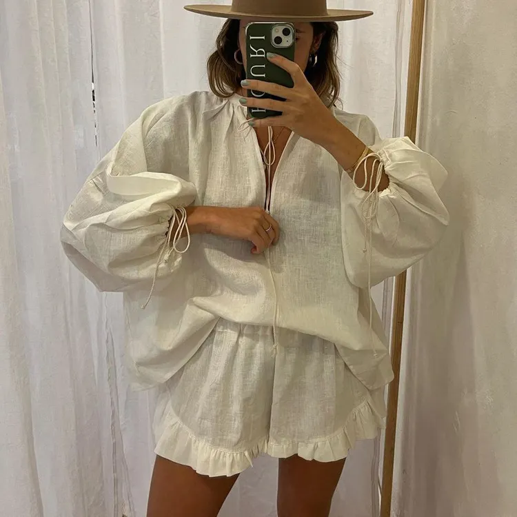 Churchf Churchf Women's Fashion Pure Cotton Simple Two-Piece 2023 New Long Sleeved Top High Waist Shorts Suit
