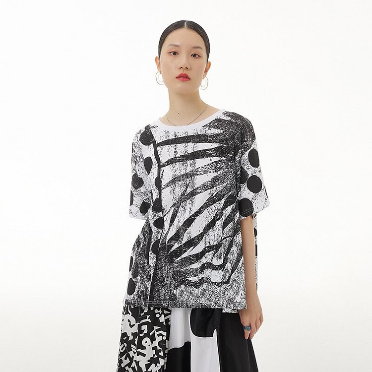 Art Loose O-neck Dot Sisal Printed Short Sleeve T-shirt 