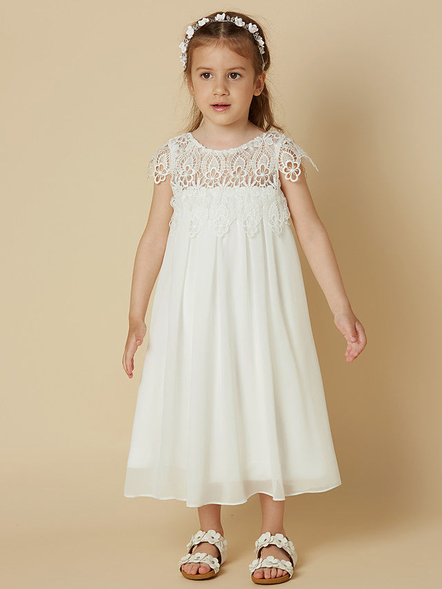 Oknass Column Short Sleeve Scoop Neck Flower Girl Dresses  Chiffon  Lace  With Lace