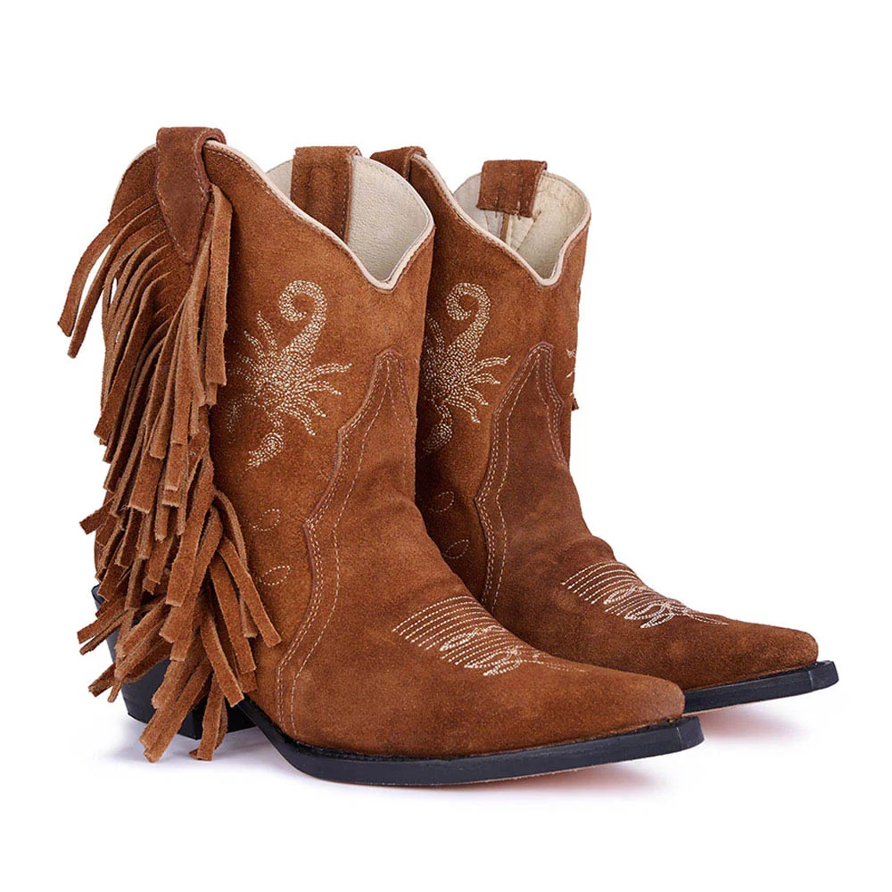 Brown Pointed Toe Scorpion Embroidery Chunky Heel Fringe Cowgirl Boots