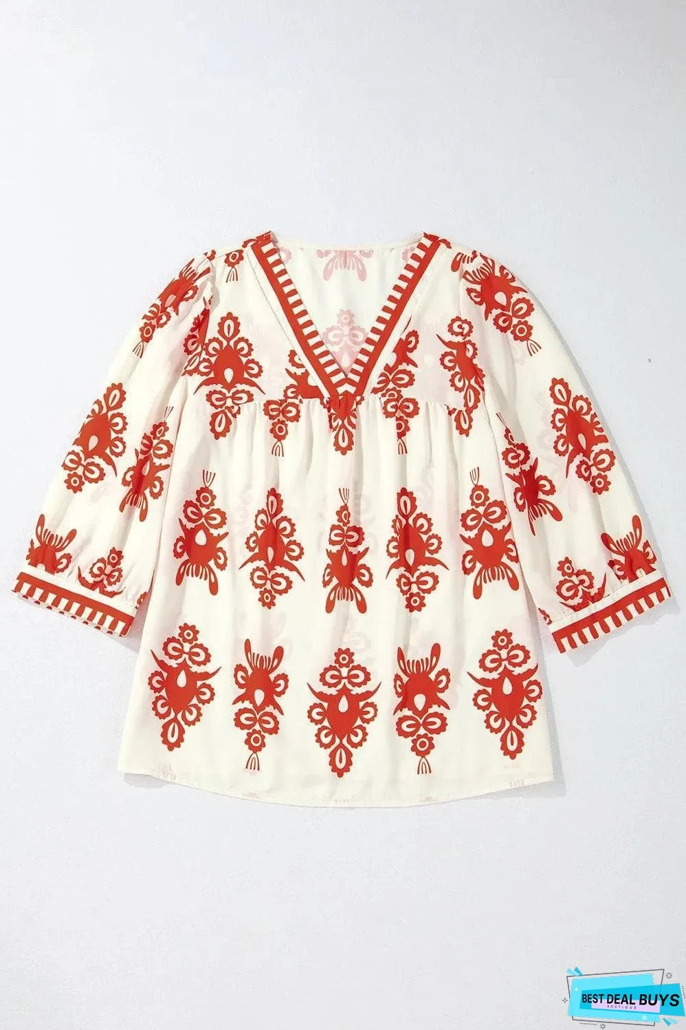 Orange Vintage Geometric Printed 3/4 Sleeve V Neck Blouse