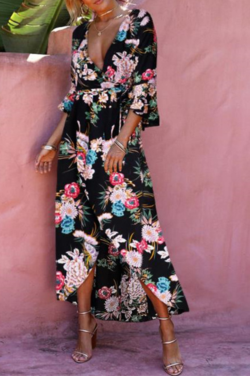 Casual Print Split Joint V Neck Printed Dress Dresses（3 Colors）