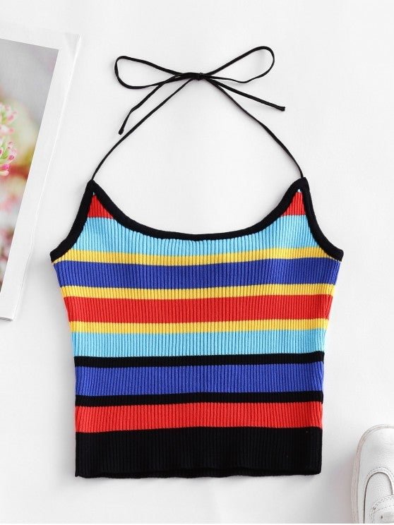 Halter Knitted Colorful Stripes Crop Top