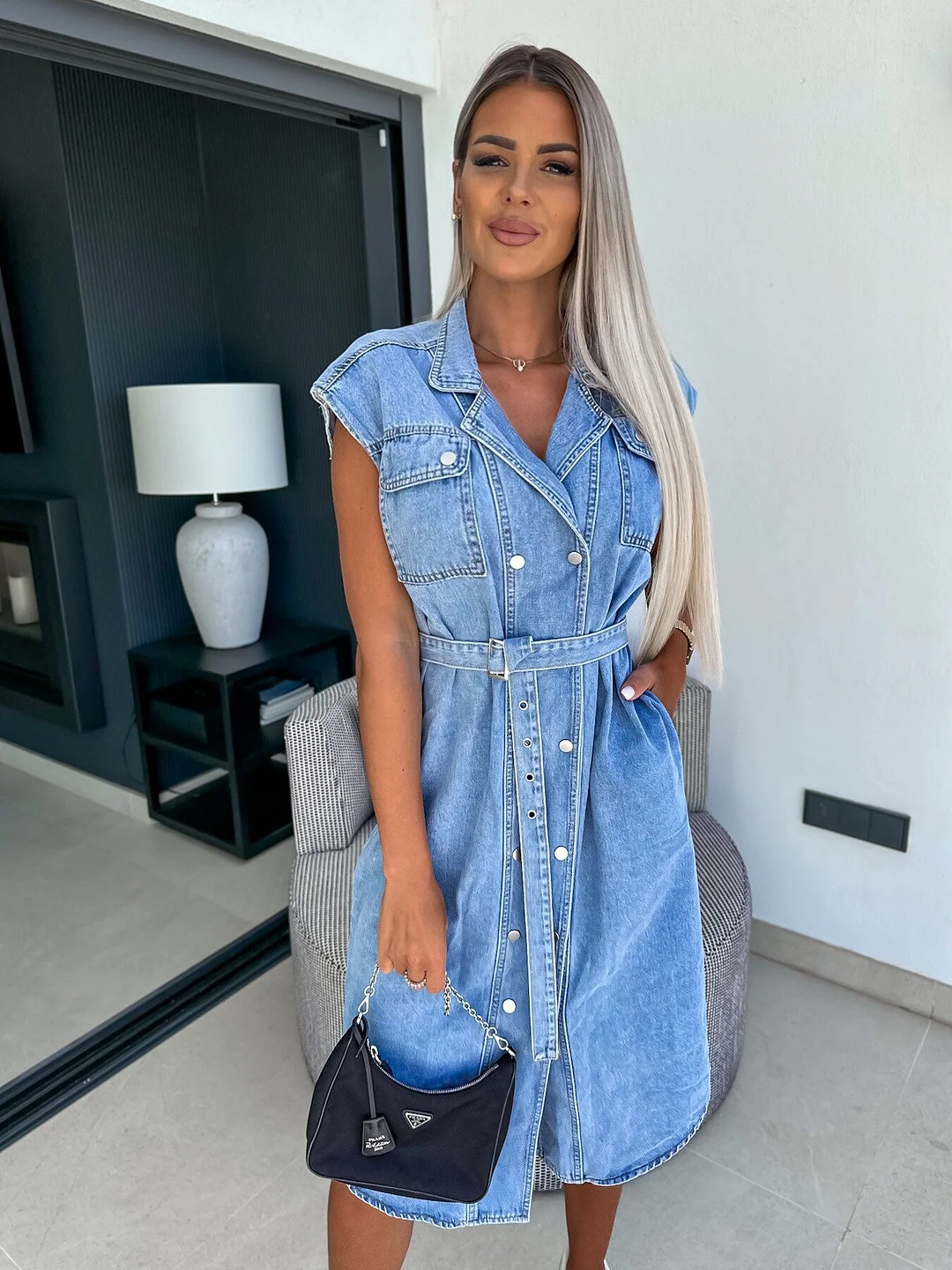 Women's Lapel Sleeveless Belt Waist Lace-up Denim Midi Dress