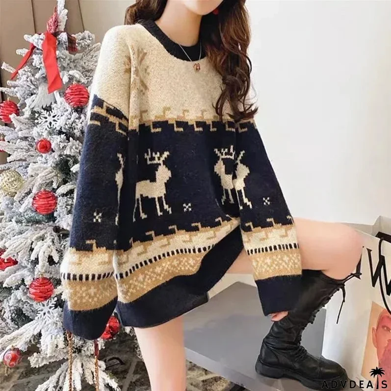 Women's striped Christmas deer knit sweater with loose fit and warm knit sweater