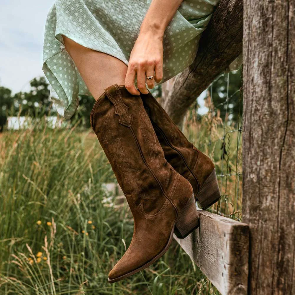 YDN Brown Pointed Toe Vegan Suede Chunky Heel Cowboy Boots for Women