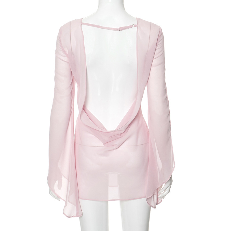 JULISSA MO Sexy Backless See Through Mesh Women Dress Pink Long Sleeve Deep V-neck Dress Female Summer Loose Elegant Beachwear