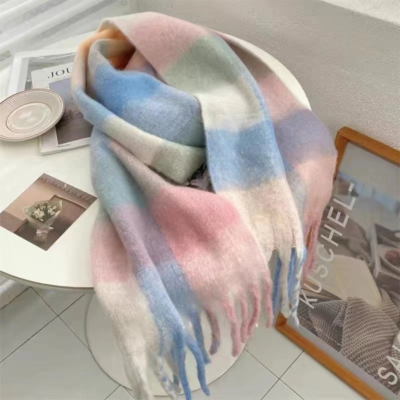 Latest Mohair Striped Tassel Scarf Fashion Geometric Gradient Shawl Japanese And Korean Versatile Thickened Scarf