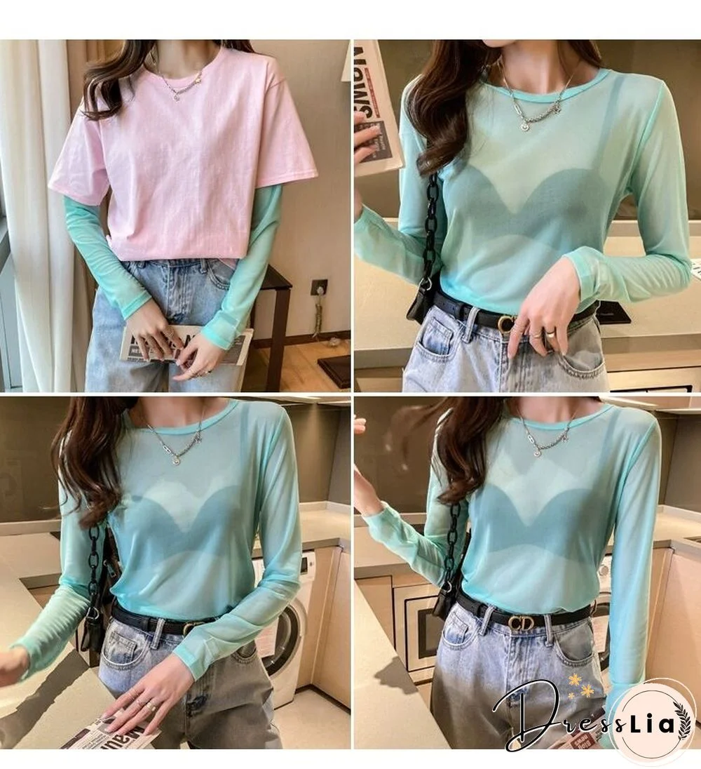 Oumea Women Beach Cover-Up Sheer Mesh Top Beach Wear Hawaiian Mesh Shirt Long Sleeve Casual Candy Color Solid Sweet Mesh Top