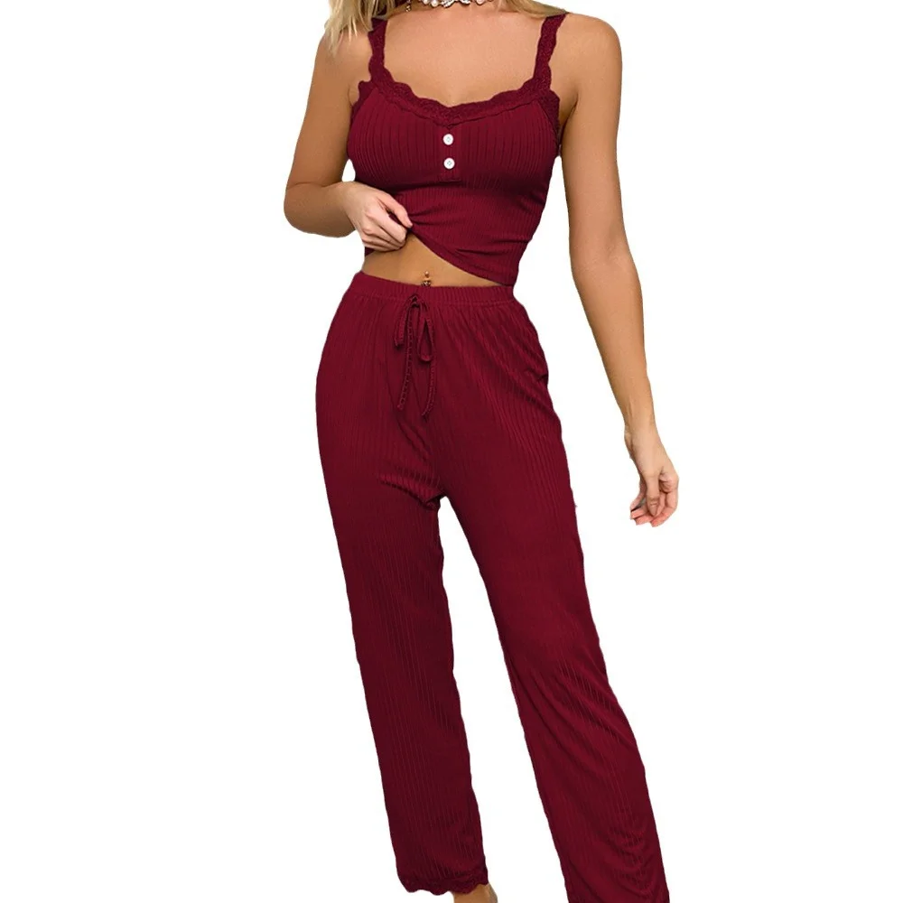 Uveng 2024 Casual Pajamas Female Summer Lace Sling Trousers Sexy Hot Girl Home Clothes Two