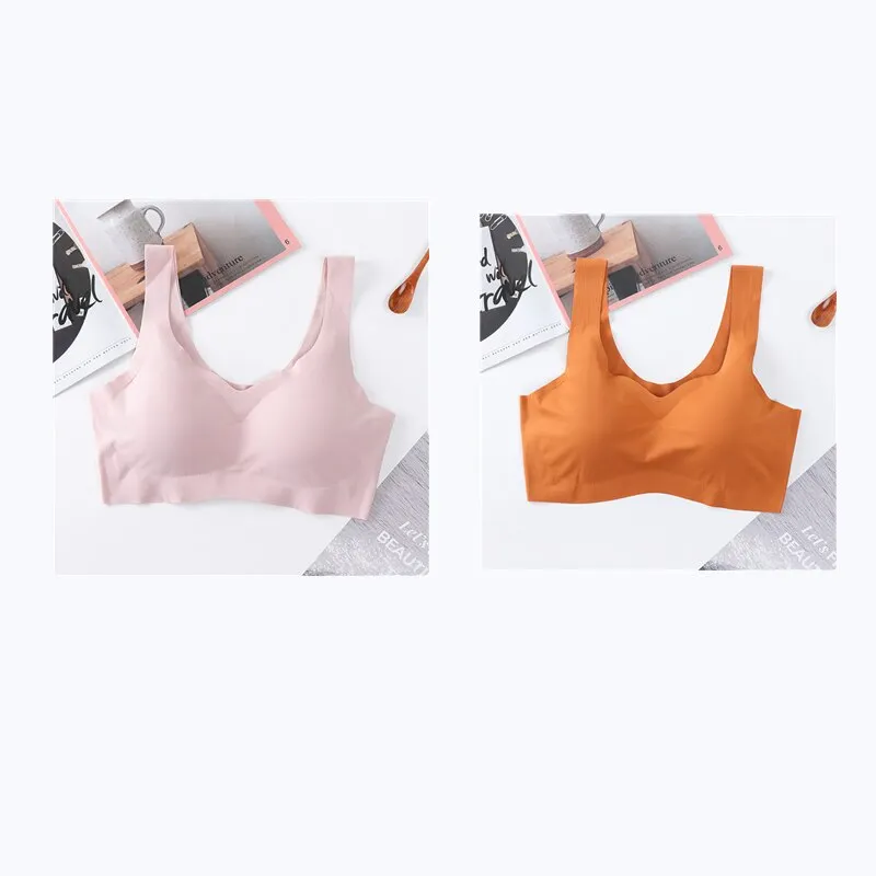 2PCS Ice Silk Bras Seamless Women Soft Thin Push Up Underwear Lingerie Sleep Vest Top Chest Padded Bralette топ Soutien Gorge