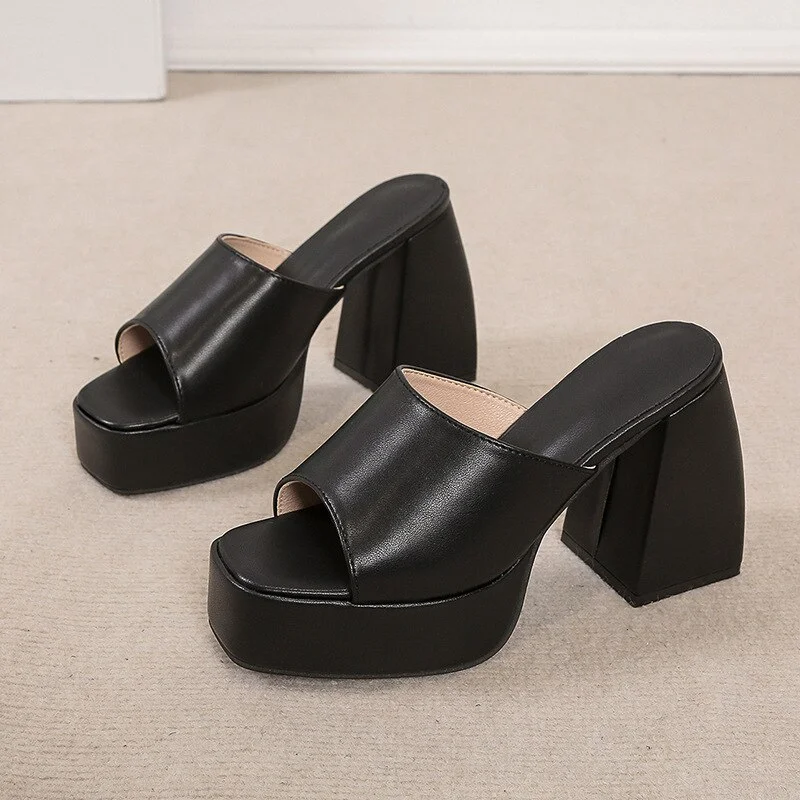 Qengg Platform Women's Mules Shoes 2022 High Heels Peep Toe Large Size Waterproof Ladies Summer Sandals Retro Style Footwear