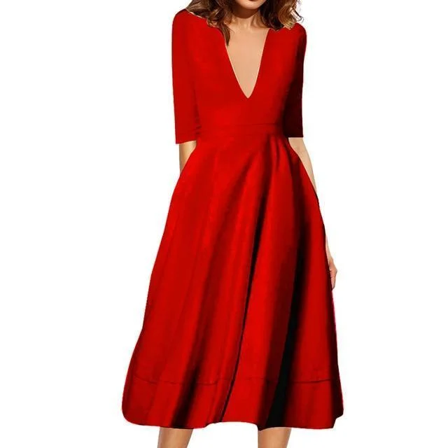 Vintage Women Casual Plus Size Elegant Ball Gown Sexy V Neck Long Party Dresses