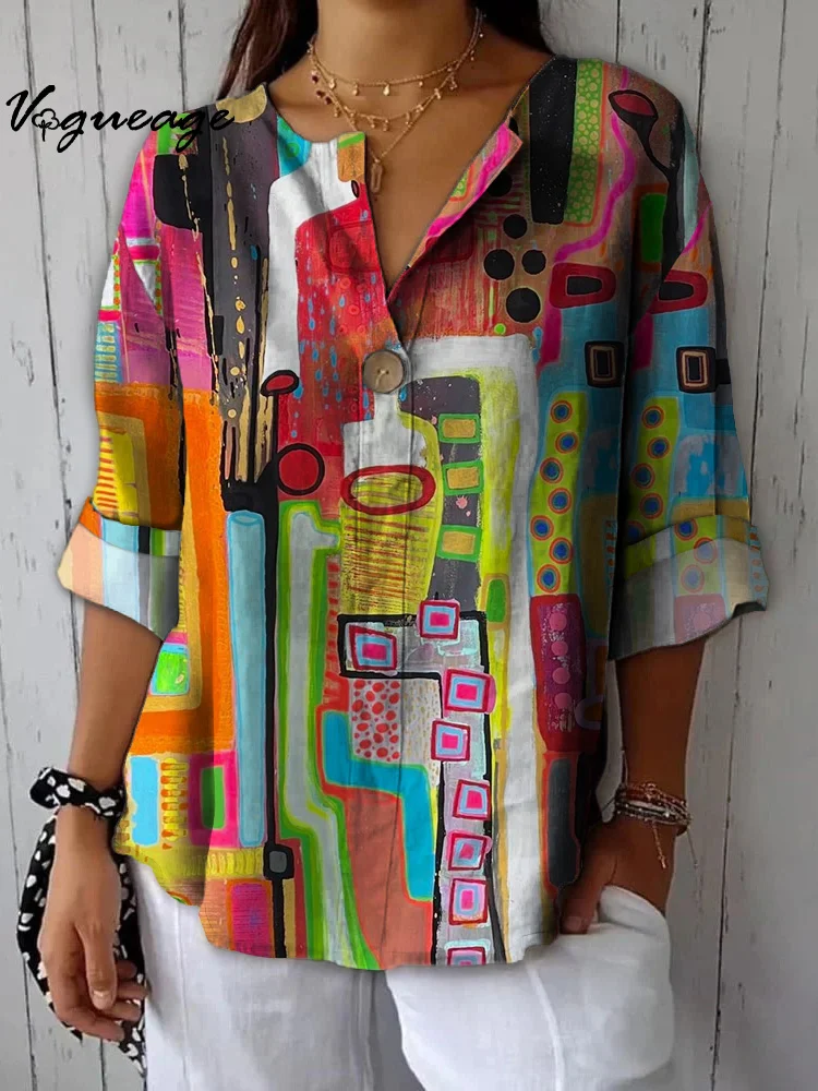 Bright Spot Color Stripe Stitching Printed Cotton And Linen Shirt