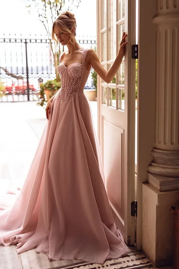 Daisda Pink Sleeveless Sweetheart A-Line Beadeds Prom Dress