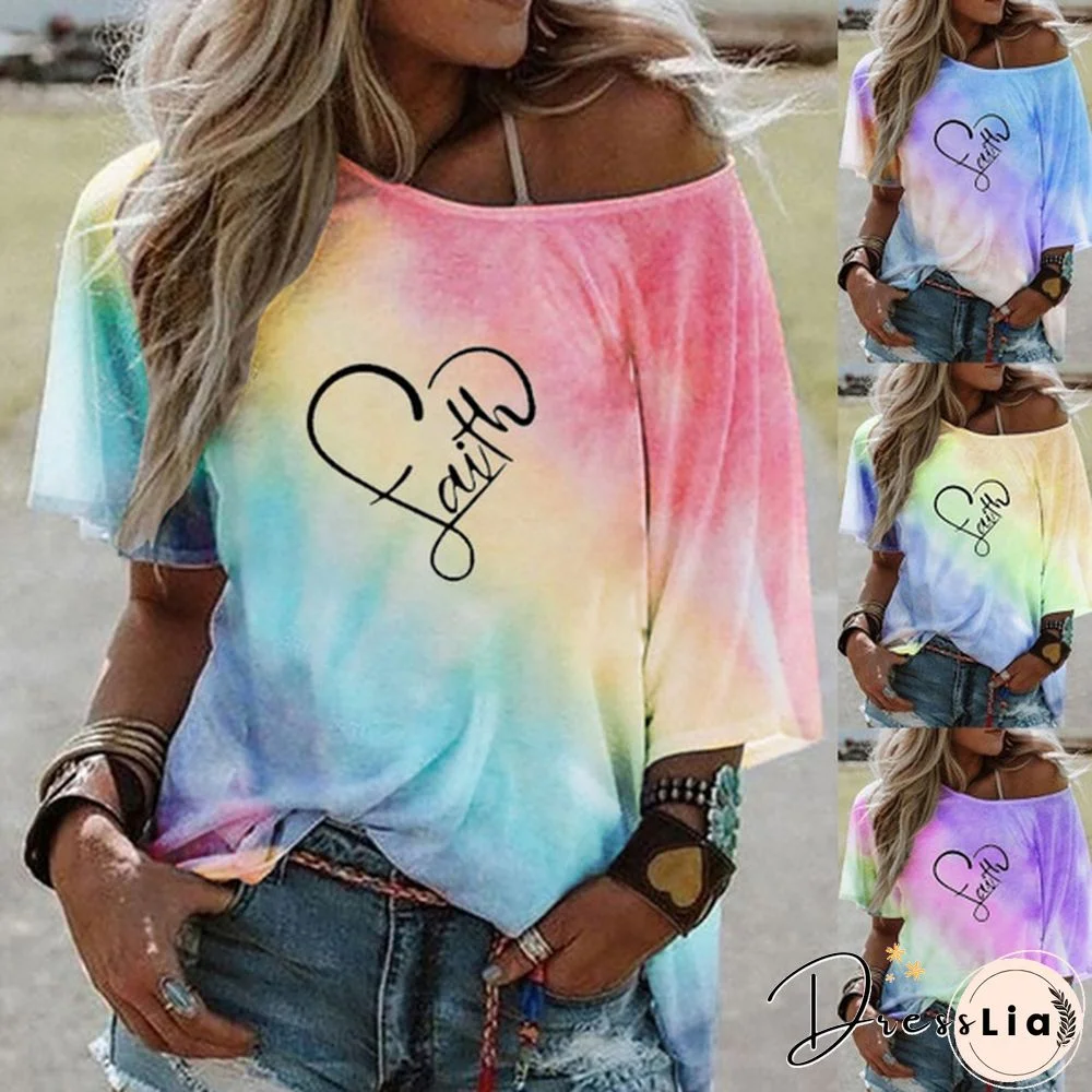 Ladies Faith Tees Plus Size Women's Fashion Tie-dyed Gradient Color Print Camisole Off The Shoulder T-shirt Fashion Short Sleeve Blouse Top