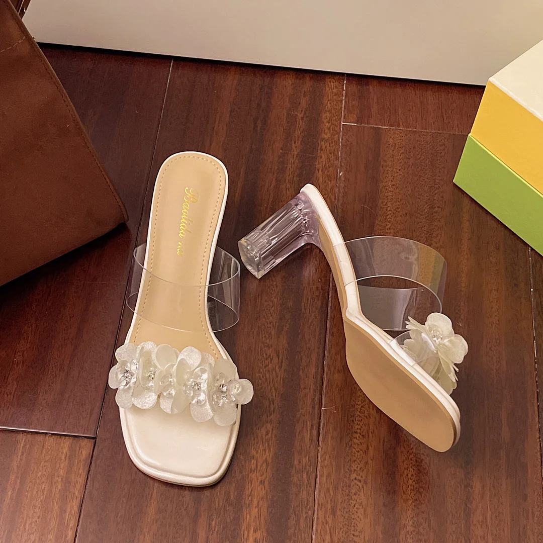 Yyvonne Fairy Transparent Coarse And Word Drag Woman 2025 New Summer Atmosphere With Flowers And Water Drill High And Cold Slippers