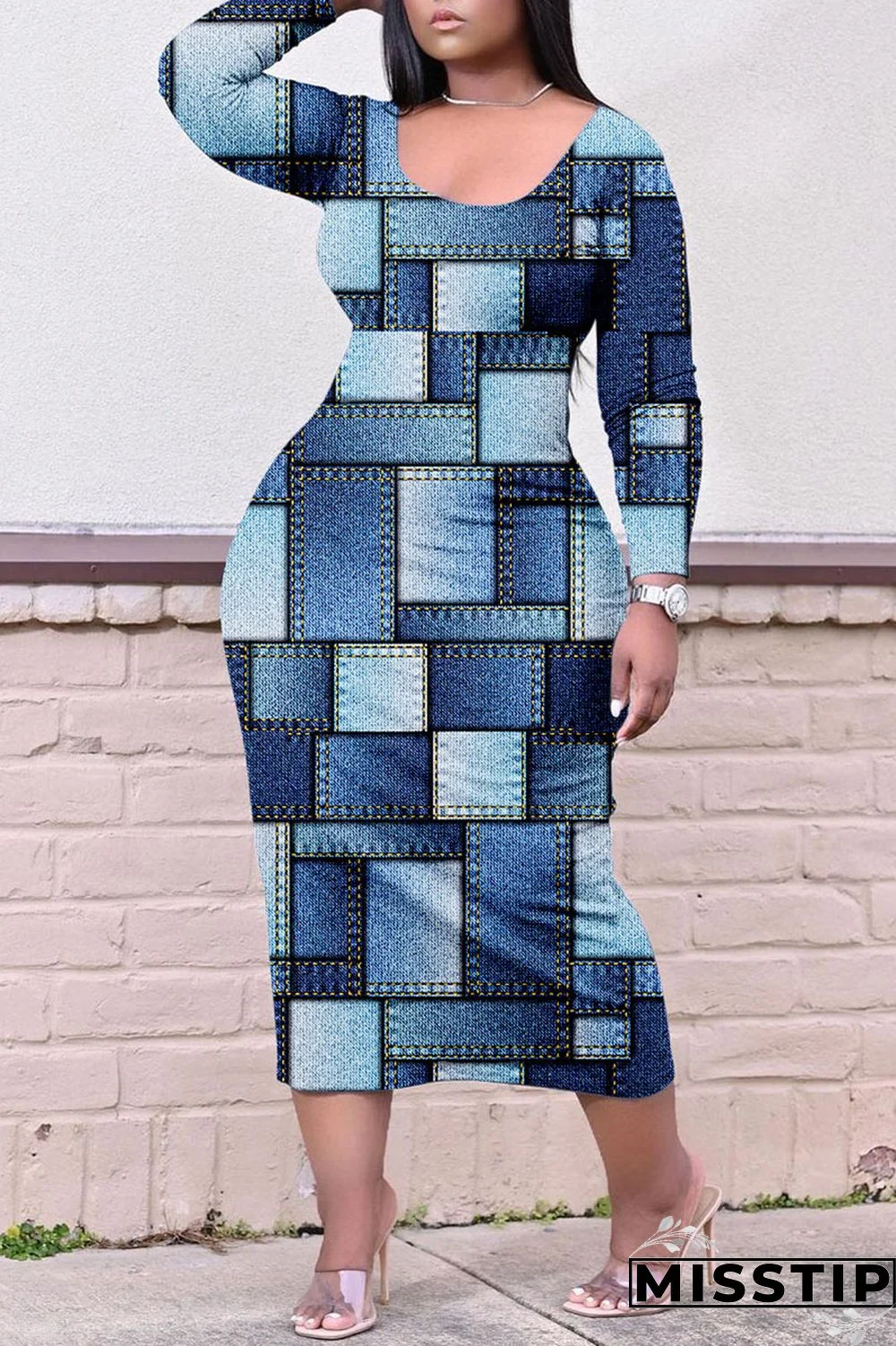 Colour Casual Print Patchwork O Neck Straight Plus Size Dresses