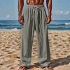 Men's Linen Plain Comfort Breathable Full Length Casual Pants by Inlyline