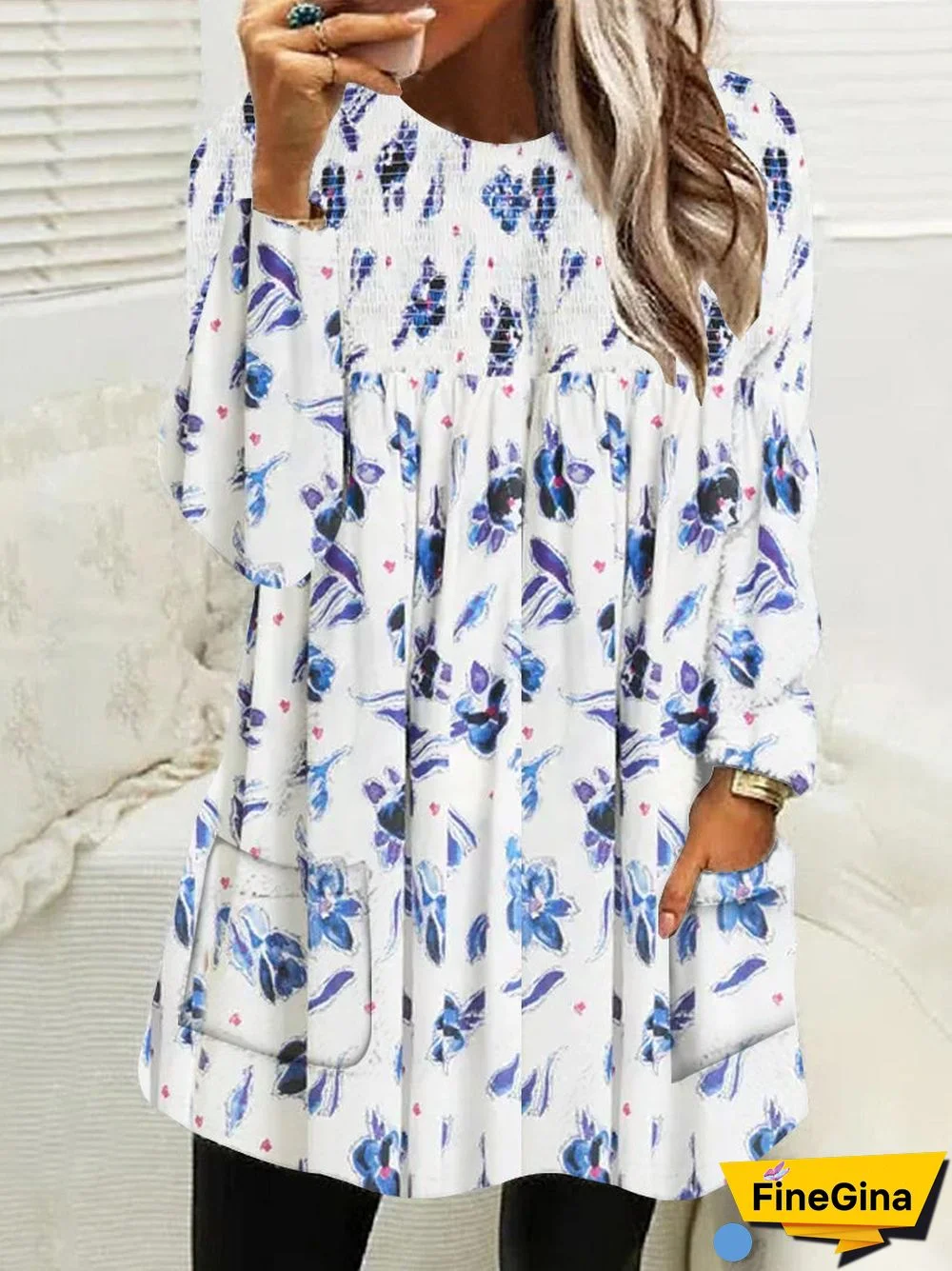 Women Long Sleeve Scoop Neck Floral Printed Pockets Tops