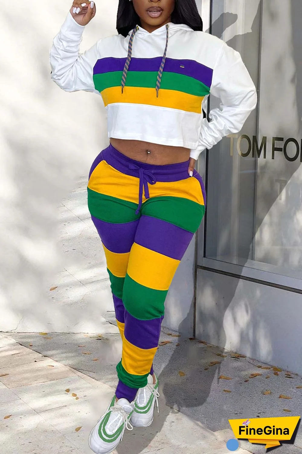 White Casual Striped Print Patchwork Hooded Collar Long Sleeve Two Pieces