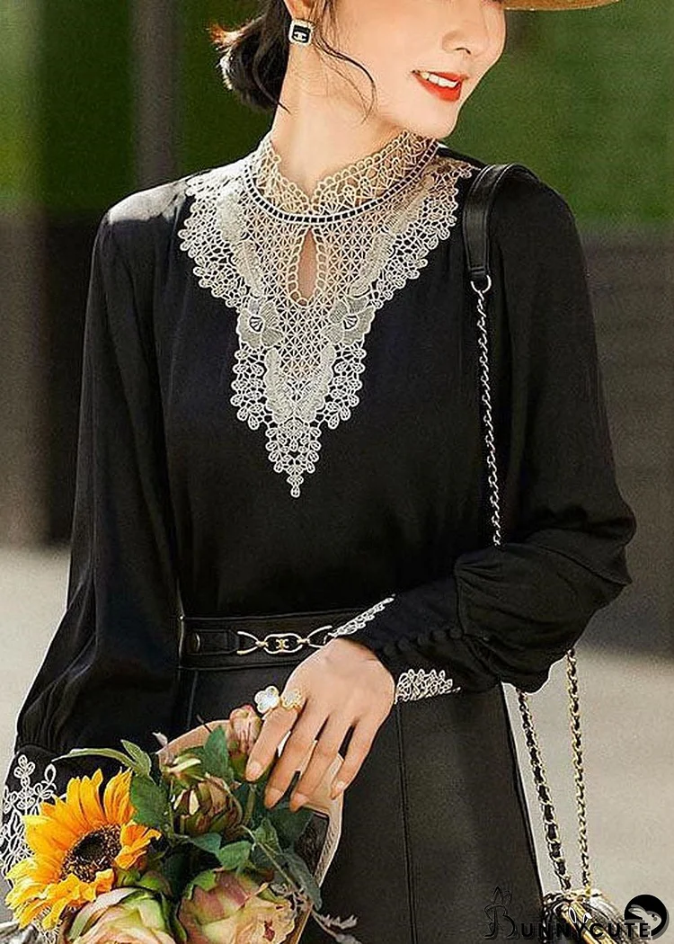 Elegant Black Stand Collar Embroideried Hollow Out Chiffon Blouse Tops Long Sleeve