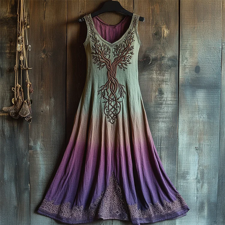 Vintage Tree Of Life Embroidered Gradient Linen Maxi Dress