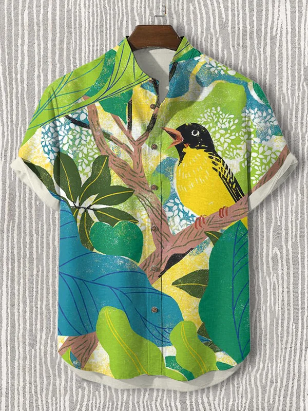 Men's Spring Bird Standing On The Branch Print Shirt