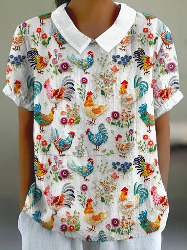 Farm Chicken Embroidery Pattern Linen Blend Casual Shirt