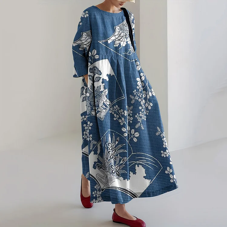 Comstylish Japanese Art Floral Print Linen Blend Loose Midi Dress