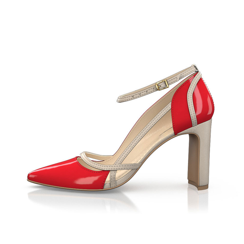 Red Patent Leather Pointed Gray Ankle Strap Block Heel Elegant Pumps Nicepairs