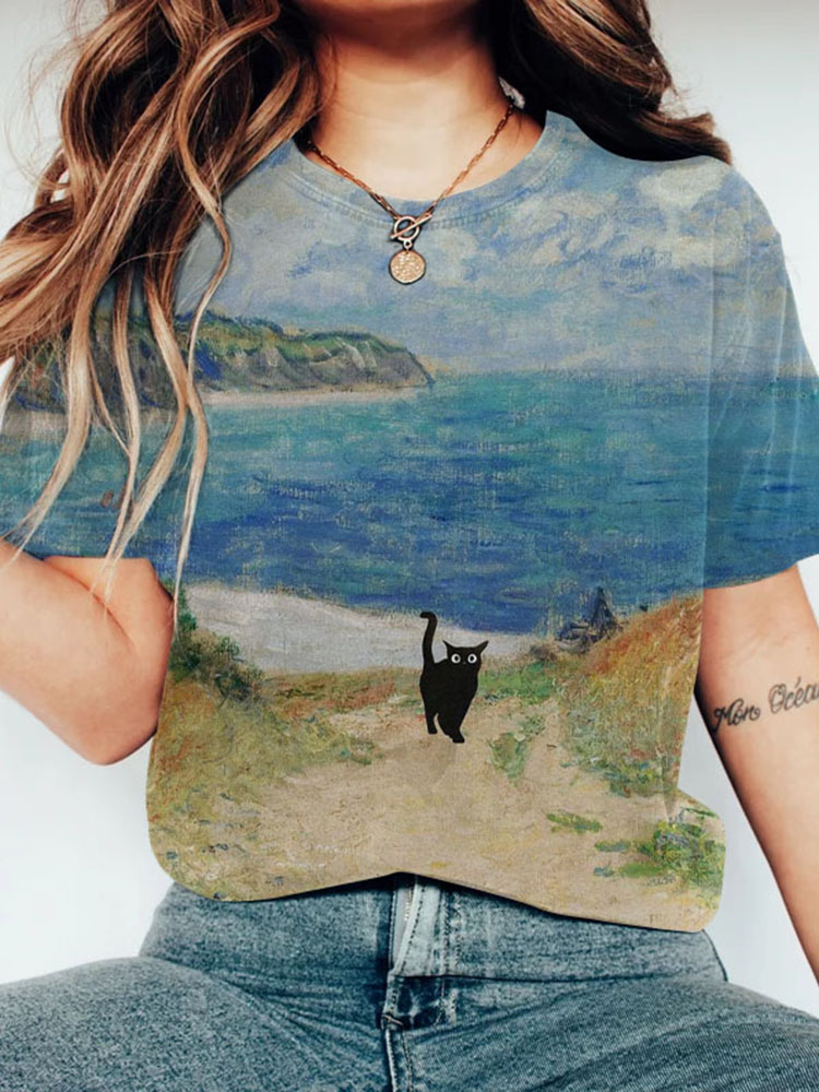 Comstylish Cat Landscape Painting Art T-Shirt