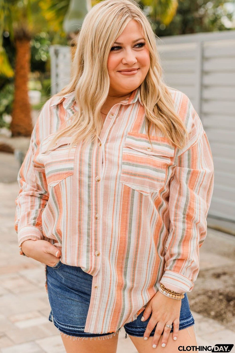 Plus Size Striped Shirt with Chest Pockets