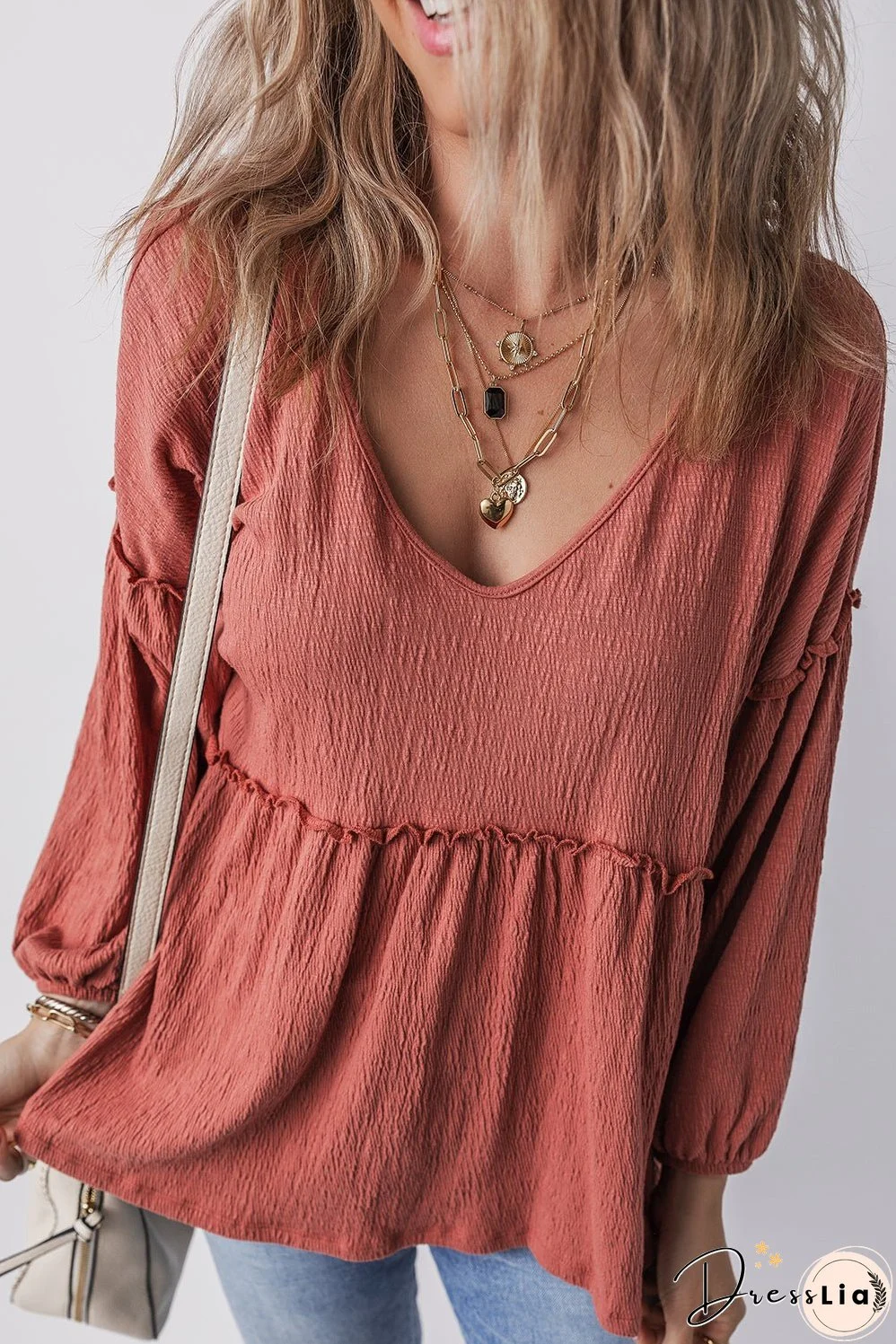 Mineral Red Solid Color Textured Frilled Trim V Neck Puff Sleeve Blouse