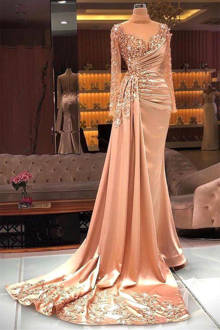 Gorgeous Sheer High Neck Evening Dress Mermaid Long Sleeves With Sequins Beads - lulusllly